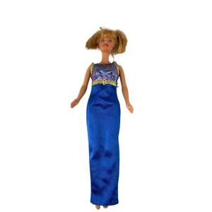 1990s Mattel Barbie in Blue Evening Gown Gold Trim Party Dress